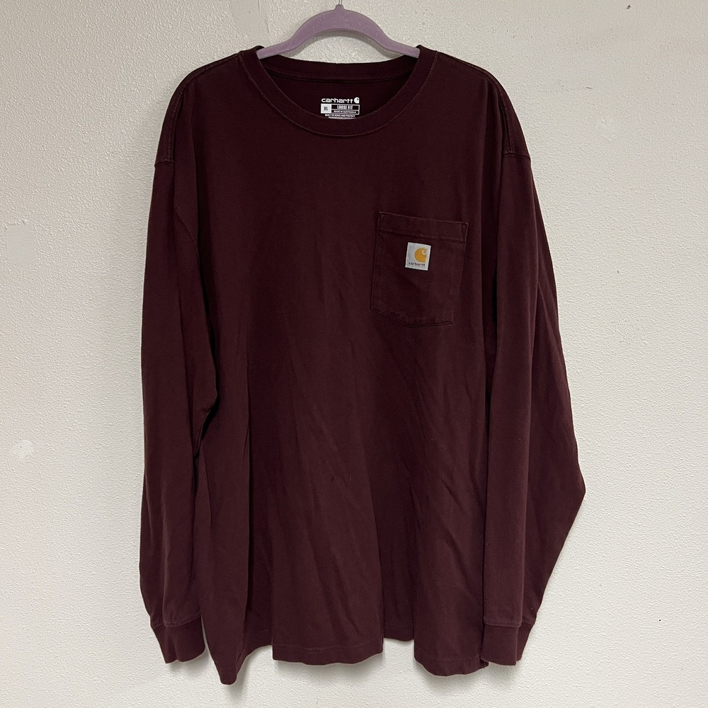Carhartt T-Shirt Men's XL Long Sleeve Crew Neck Loose Fit Workwear Maroon GUC